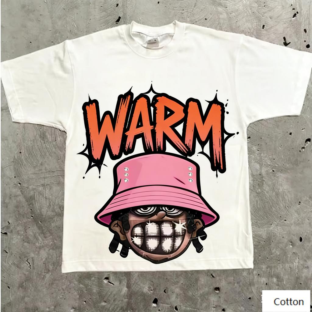 Streetwear Unisex Cotton TShirt Featuring Edgy Cartoon HipHop Design and CALM Graffiti Text HipHop Style Top