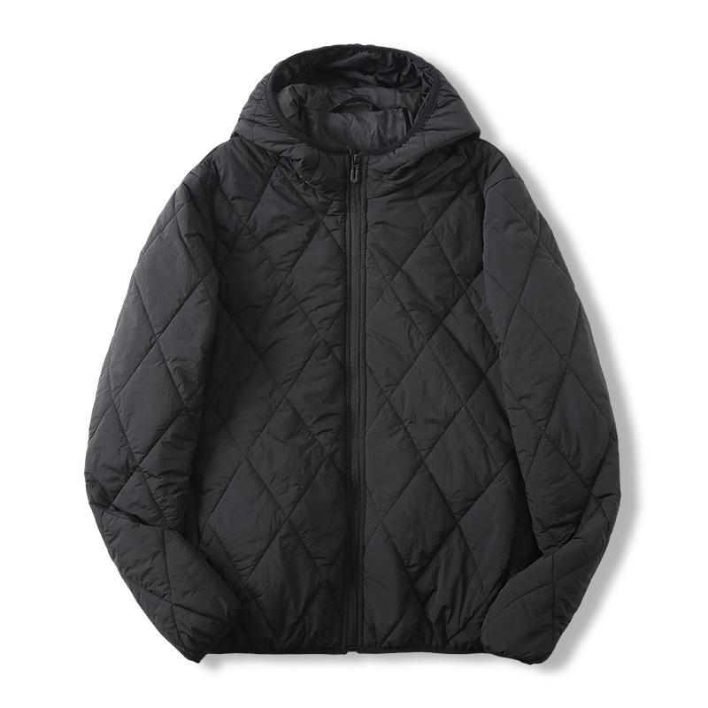 Men's Hooded Cotton Jacket with Mulberry Silk, Diamond Pattern, Winter Casual Outerwear.
