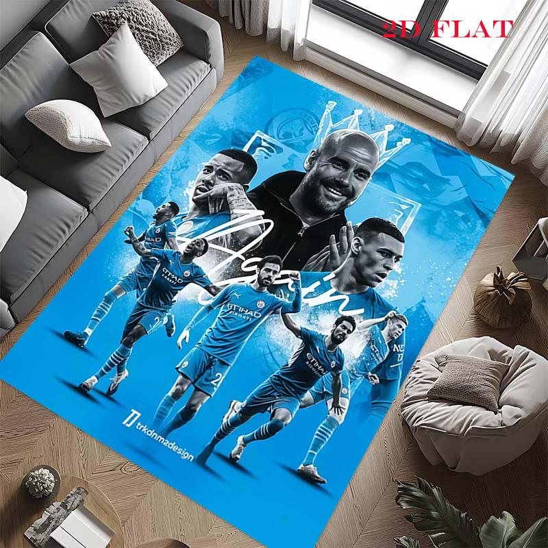 Tappeto Manchester City per Soggiorno Camera da Letto Casa Decorazione Divano, Tappetino Antiscivolo per Giochi Bambini