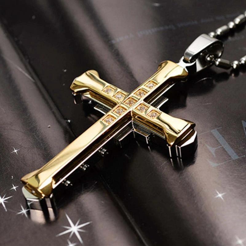 Men's Cross Necklace Gold Plated Silvery Black Inlaid Zircon Hip Hop Pendant
