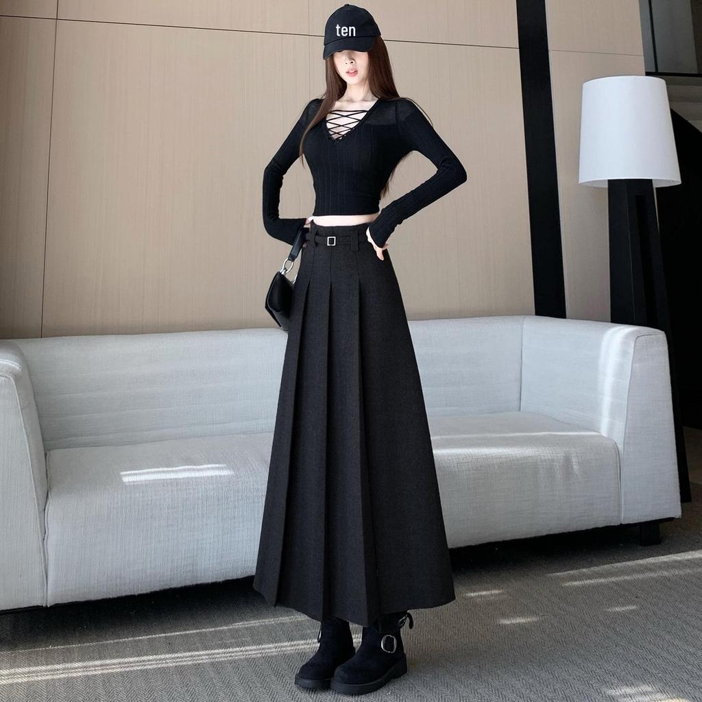 Elegant High-Waisted Gray Wool Pleated Skirt – Versatile Autumn/Winter Fashion for Women