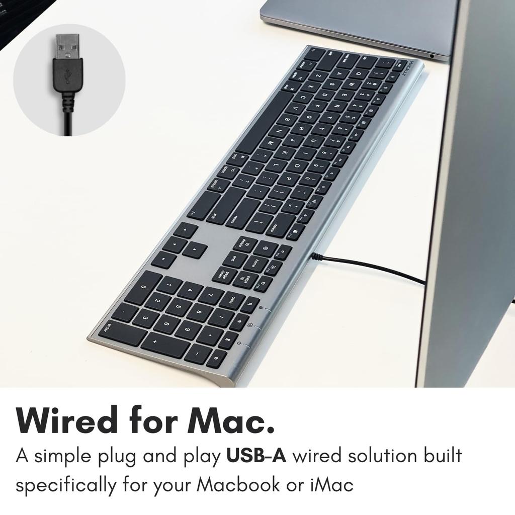 MACALLY Mac Keyboard, US Layout, Wired, All-Aluminum Frame, Slim, Quiet, Scissor-Style Keys, with Numeric Keypad, for Working from Home, Telework,