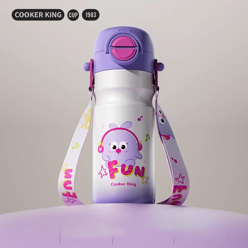 COOKER KING Cartoon Thermos Cup for Kids Stainless Steel Straw Cup with Strap Portable Double Drinking Water Bottle for Children