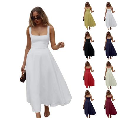 Γυναικείο Κομψό Μονόχρωμο Τετράγωνο Ντεκολτέ Αμάνικο Εφαρμοστό στη Μέση Φόρεμα με Τιράντες