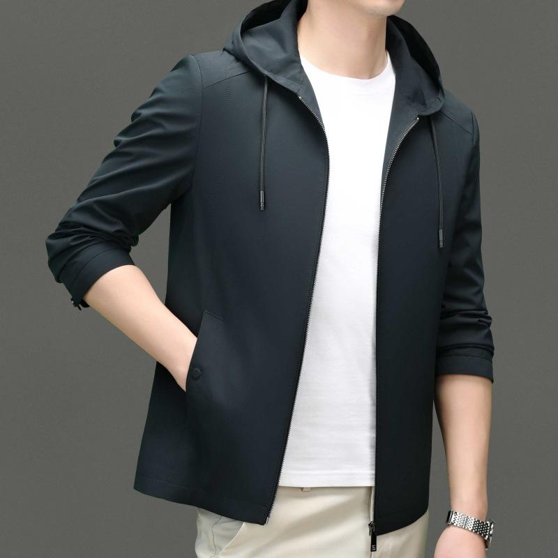 

Мужская куртка из шелка тутового дерева, весенне-осенняя, для мужчин среднего возраста, деловая повседневная, с капюшоном, однотонная, тонкая куртка 195