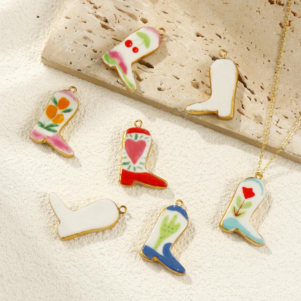 2PCs Ceramic West Cowboy Boots 304 Stainless Steel Pendants 18K Gold Plated Charms For Jewelry Neckalce Making 3.4cm x 2.3cm