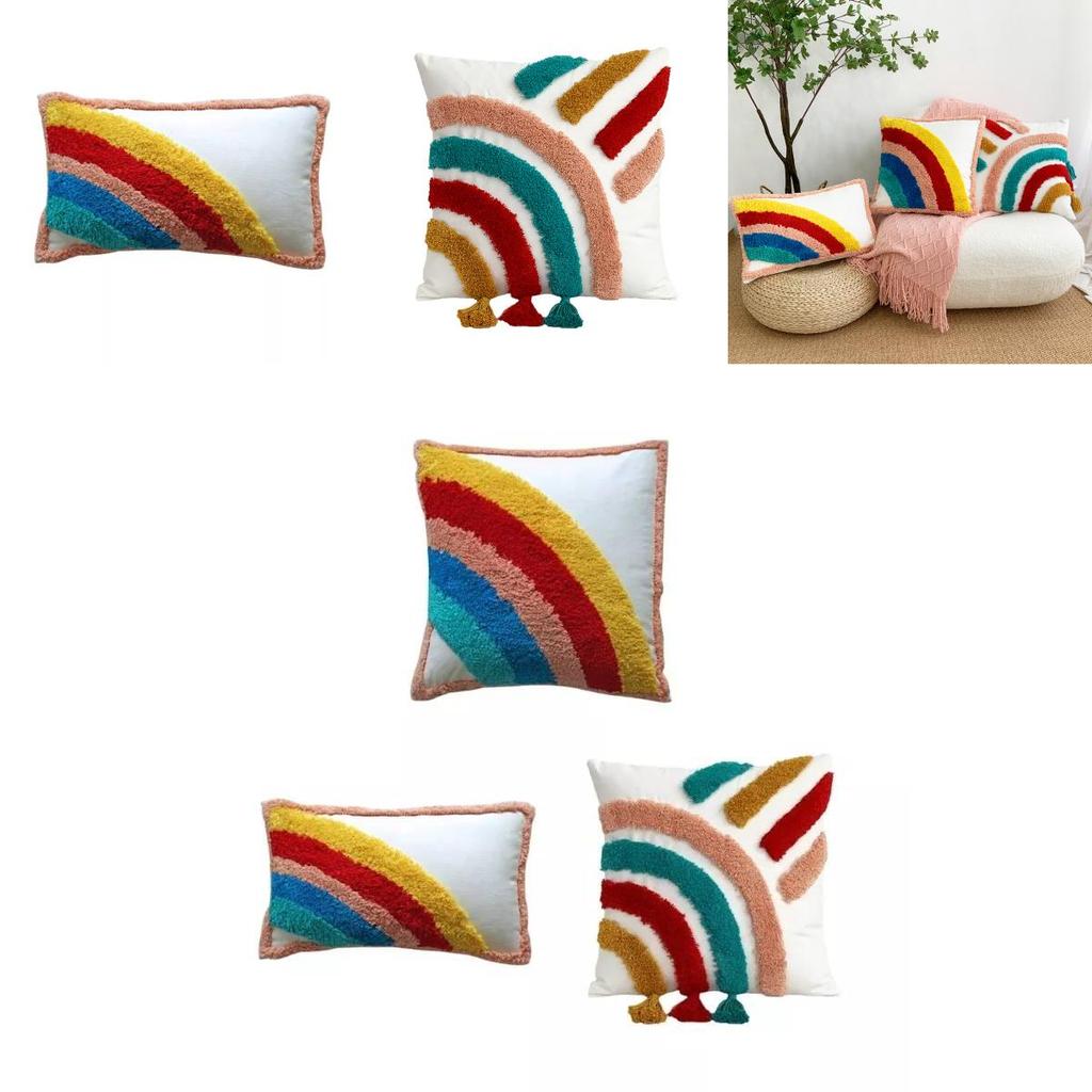 Bohemian Style Rainbow Pillow Cover Soft Cotton Linen With Tassels And Embroidery
