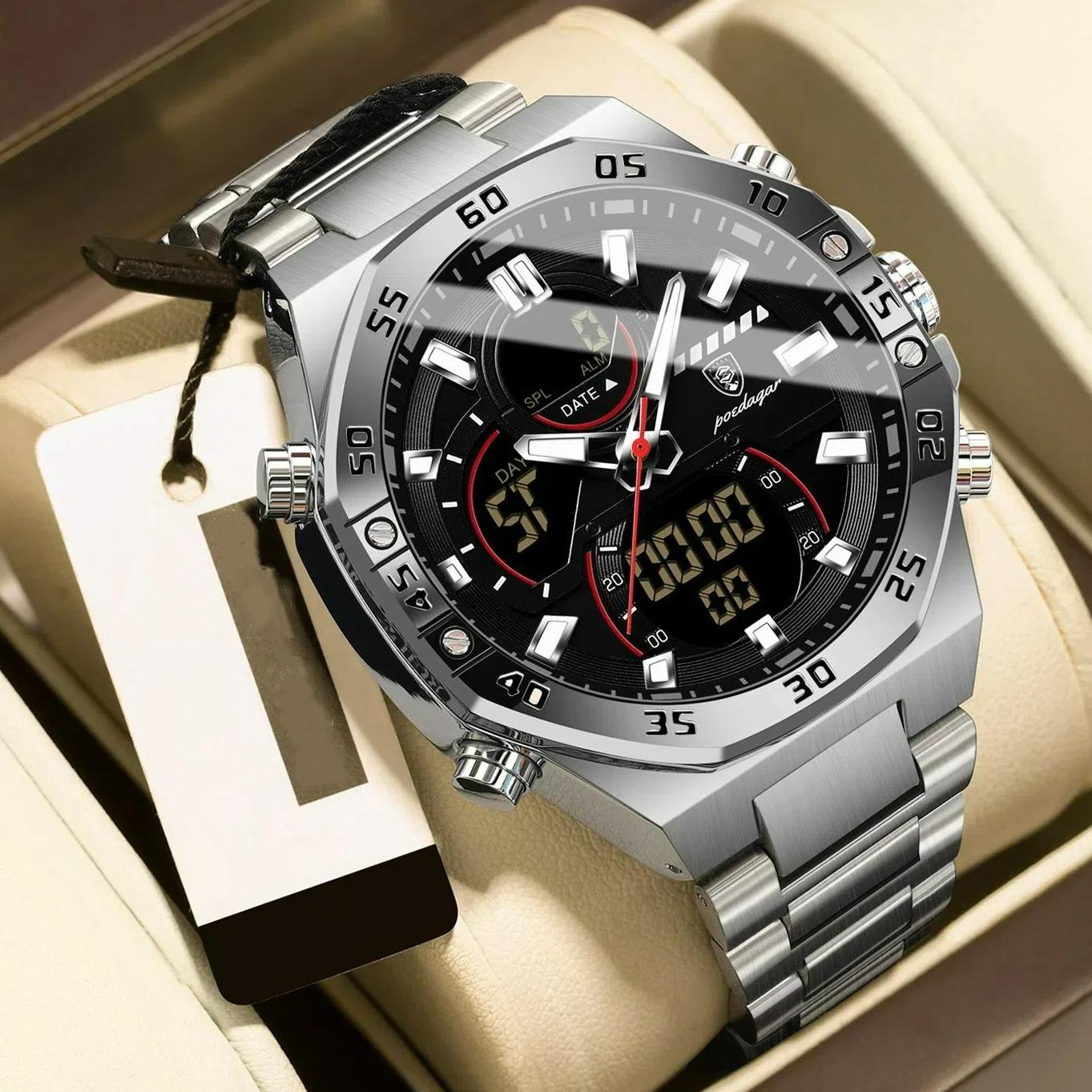 

POEDAGAR Top Original Men Clock LED Luminous Waterproof Week Date Man Wristwatch Electronic Stainless Steel Quartz Men s Watches серебряный