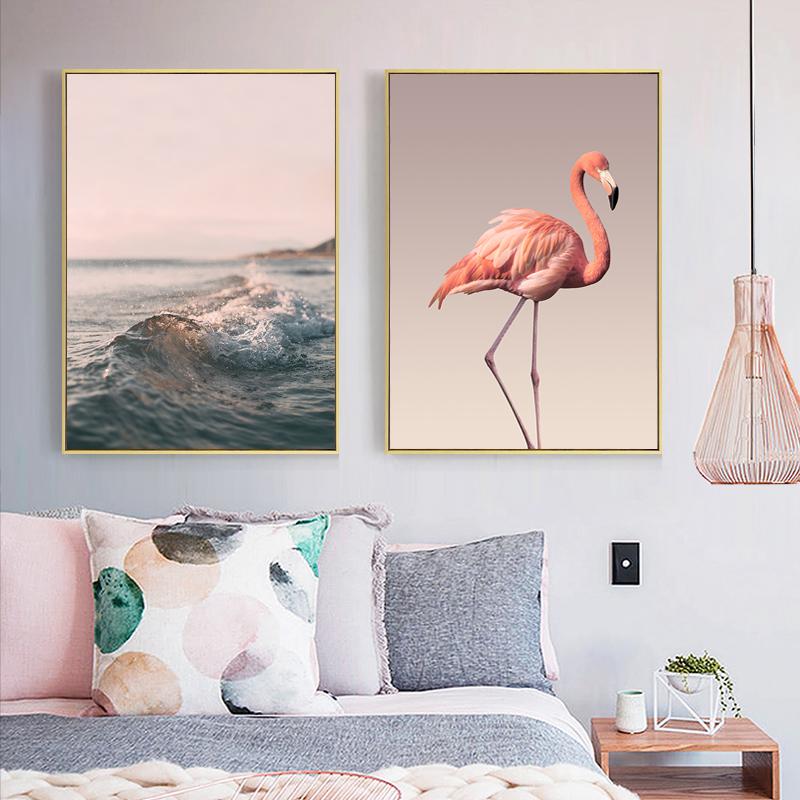 Nordic Canvas Painting Romantic Flamingo Rose Sea Wave Print Animal Painting Modern Wall Art Poster Home Decoration No Frame