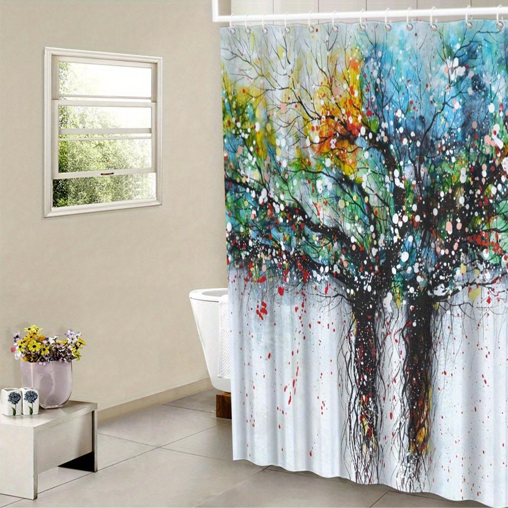 Abstract Leafless Trees Shower Curtain - Vibrant Brushstroke, Dynamic Sky Backdrop, 12 Hooks, Machine Washable Polyester