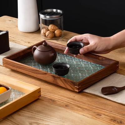 Vintage Wooden Serving Tray with Reinforced Glass, Rectangular Decorative Tray for Living Room, Coffee Table, Candle Display
