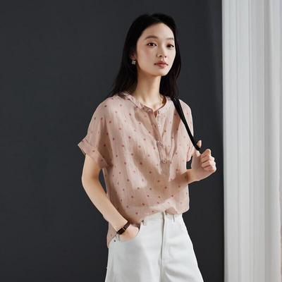 SOFSIL 2026 Summer Women's Stand Collar Polka Dot Ramie Shirt