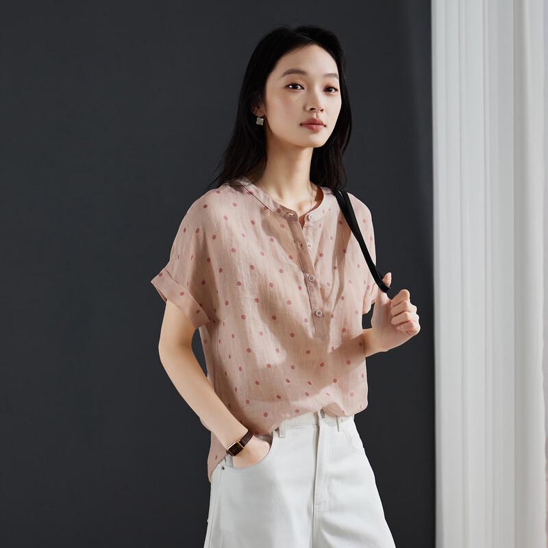 SOFSIL 2026 Summer Women s Stand Collar Polka Dot Ramie Shirt M