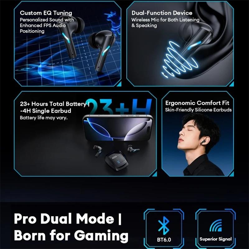 Lenovo Słuchawki douszne GT100 True Wireless do gier – Bluetooth 6.0, ultraniskie opóźnienie 38 ms, czteromikrofonowa redukcja szumów AI, etui z diodami LED RGB 23 h