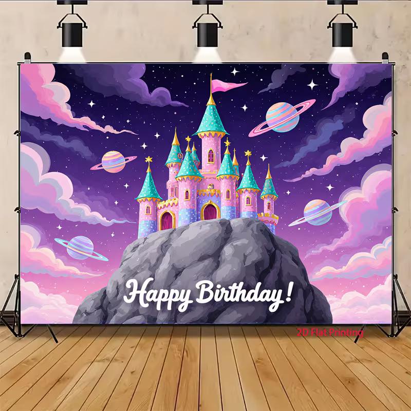 2D Magical Castle Backdrop, Princess Castle with Planets, Stars and "Happy Birthday" Text Background Cloth
