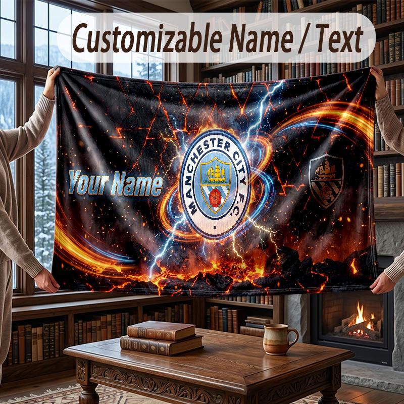 Custom Name Flannel Throw Blanket Manchester City Pattern Warm Home Decoration