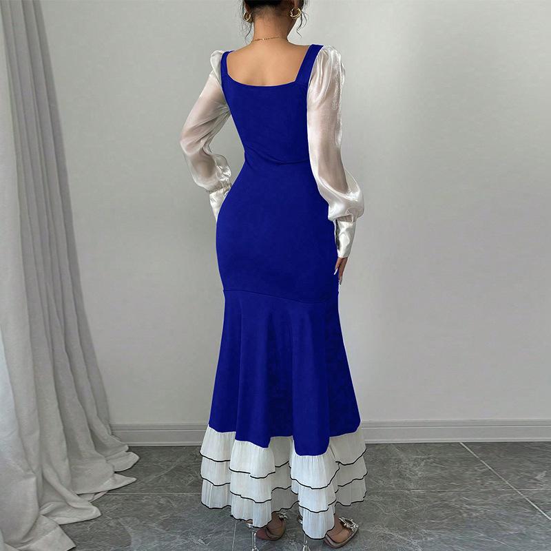 Autumn Women's New Temperament Slim Long-sleeved Dress Contrasting Square Collar Hip Fishtail Dress