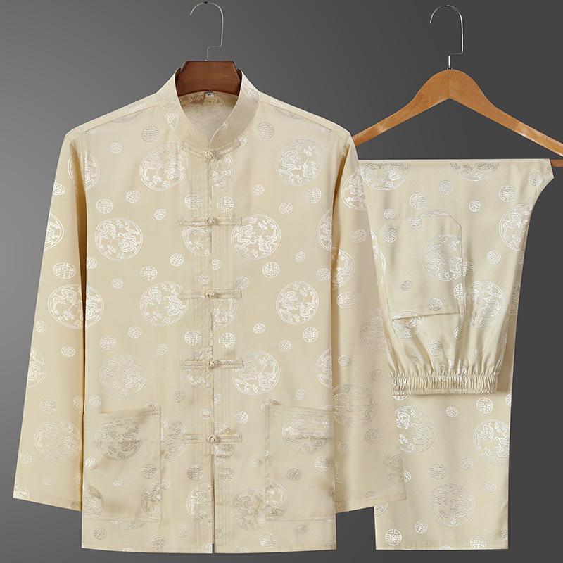 Men's Retro Ice Silk Long-Sleeved Tang Suit for Spring/Summer - Middle-Aged & Elderly Hanfu Tai Chi Outfit