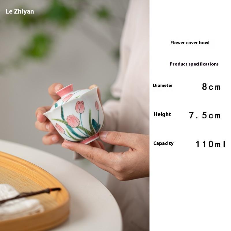 Gaiwan Underglaze Hand-painted Tulip Tea Bowl Ceramic Kung Fu Literati Tea Ware Household Ladies Tea Bowl