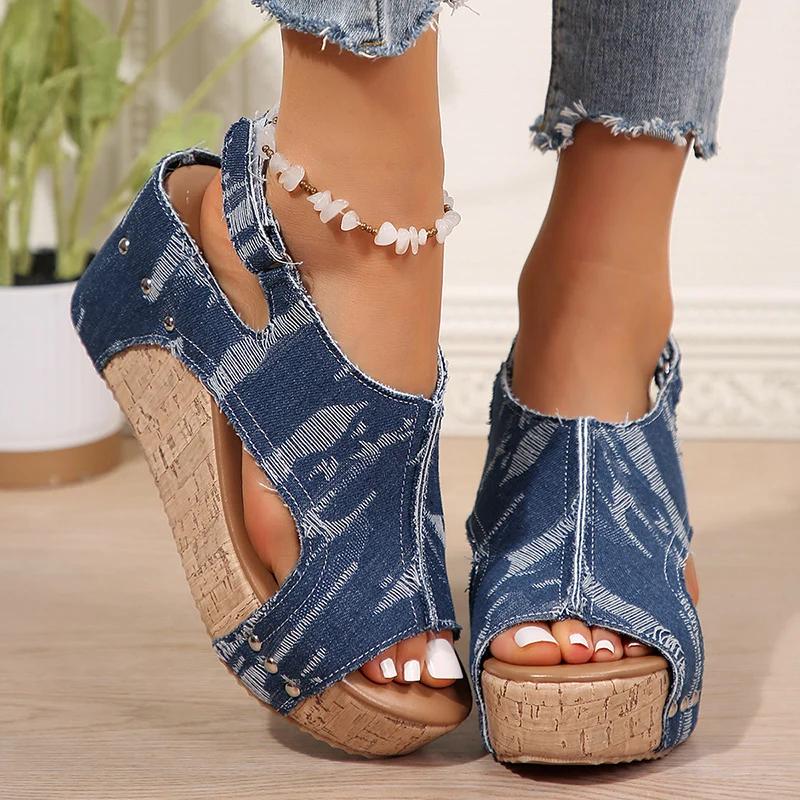 Fashion Fashion Blue Denim Wedges Sandals for Women 2025 Summer Thick Bottom Beach Shoes Woman Peep Toe Chunky Platform Sandalias Mujer