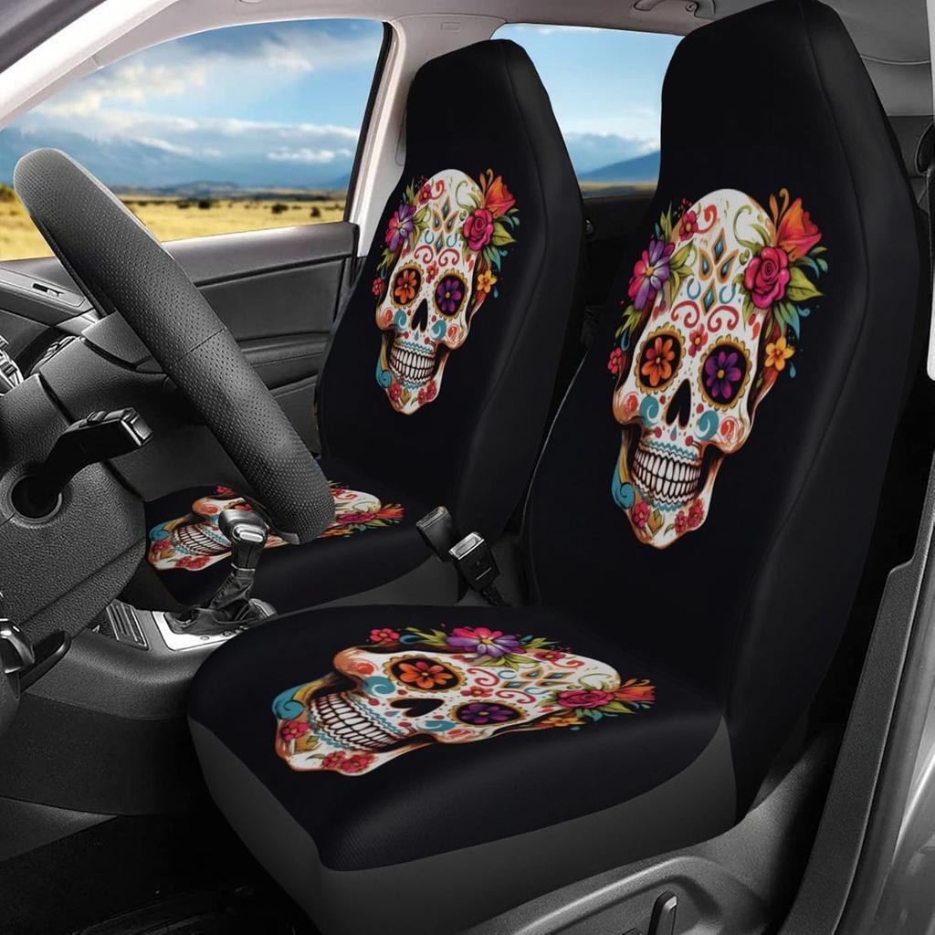 Dujiea Sugar Skull Car Front Seat Covers 2 Pcs Universal Auto Seat Covers Front Seats Only, Vehicle Bucket Seat Protectors Fit for Most Car SUV Sedan