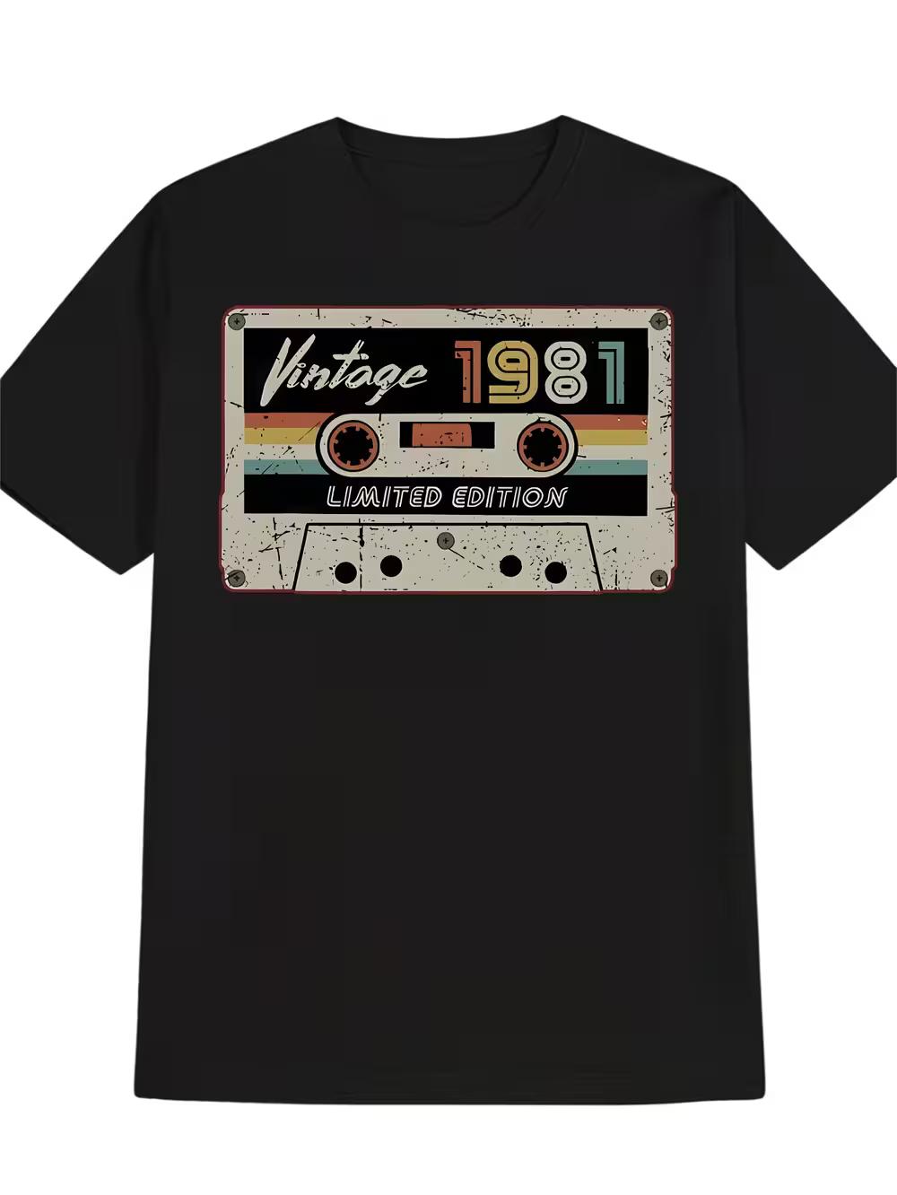 

Men S Casual Round Neck T-Shirt with Vintage 1981 Cassette Tape Graphic Print - Black Summer Tee S