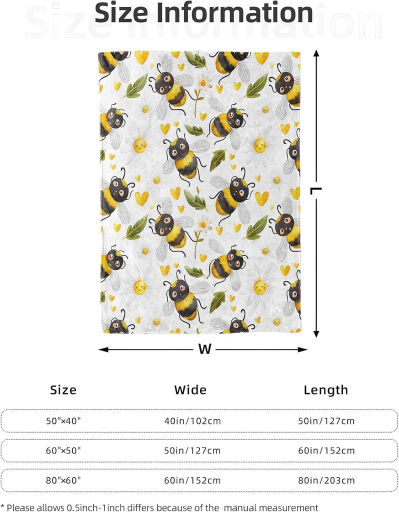 Cute Bee and Flower Blanket 50X60 in, Flannel Throw Blankets for Travel Camping Sofa Living Room Decor, Lightweight Cozy Soft Fu