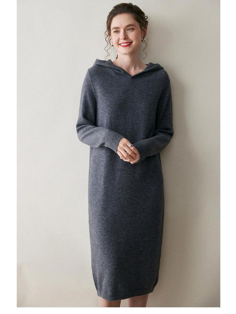 Autumn/Winter Hooded Wool Knit Sweater Dress - Solid, Loose, Soft, Warm, Mid-Length Cashmere.