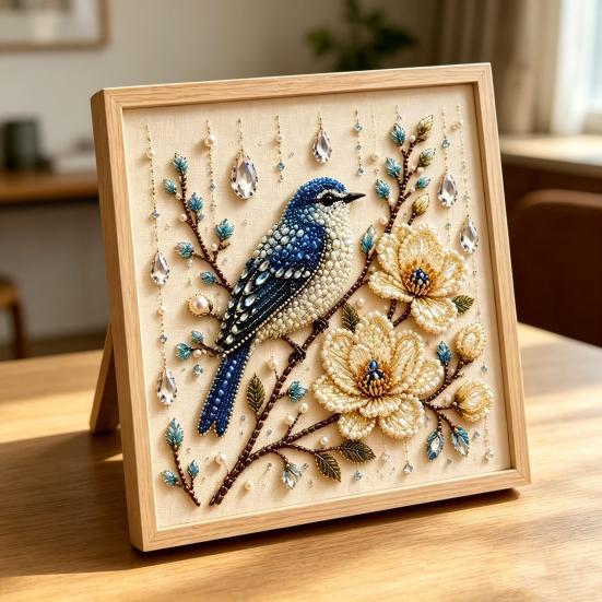 Hummingbird Bead Embroidery Kit, DIY Pearl Art Painting, with Crystal Beads Floral Designs Craft, for Adults Beginners