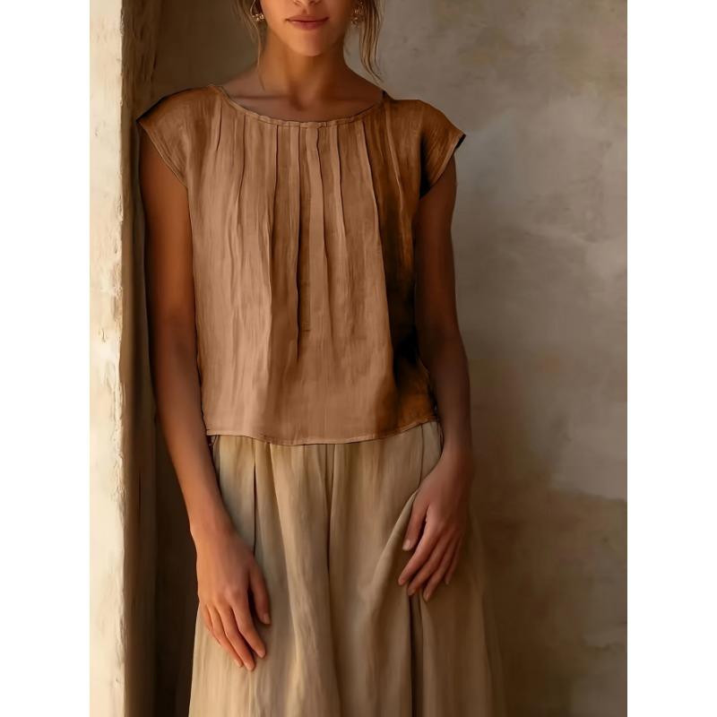 Blusa da Donna in Lino con Scollo Rotondo, Parte Anteriore Pieghettata, Maniche Corte, Taglio Ampio Casual