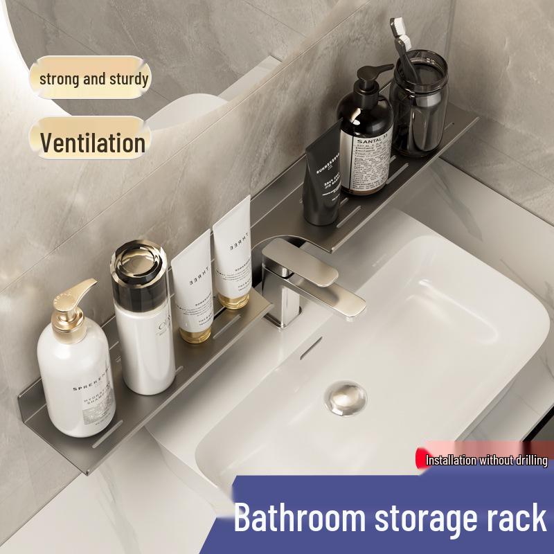 Wall-Mounted No-Drill Bathroom Vanity Shelf with Space for Faucet and Mirror