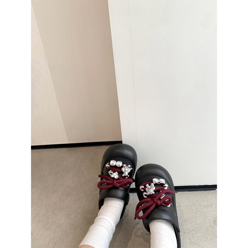 

[] Strap-on cutie~ bow rhinestone thick-soled bag head sandals women s slippers hole shoes 36-37 yards чёрный