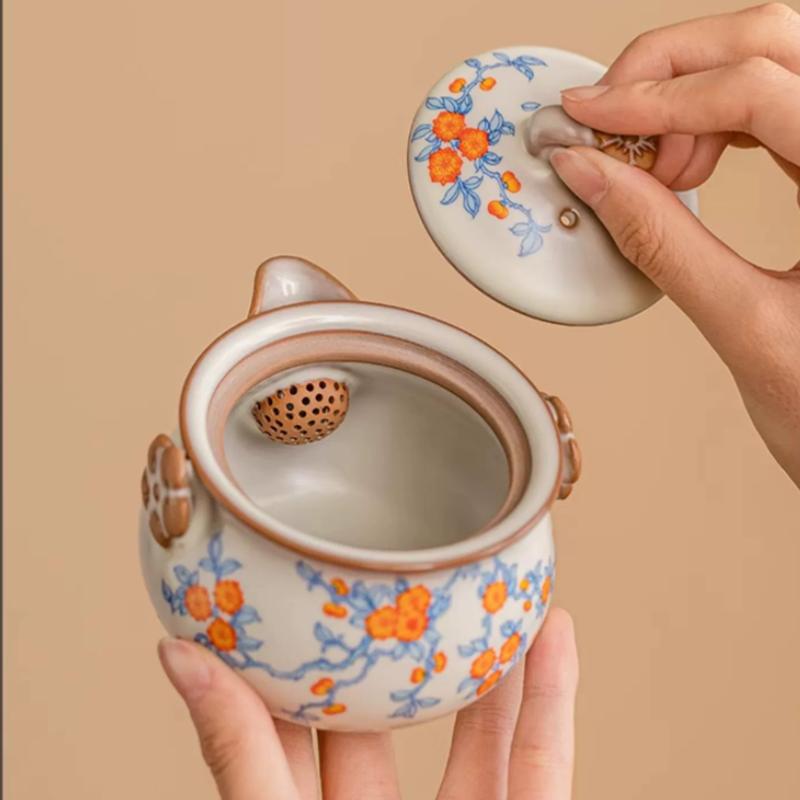 90ml Chinese Ru Kiln Ceramic Hand Grab Pot Handmade Flowers Pattern Teapot Beauty Tea Infuser Kettle Tea Pot Portable Tea Set