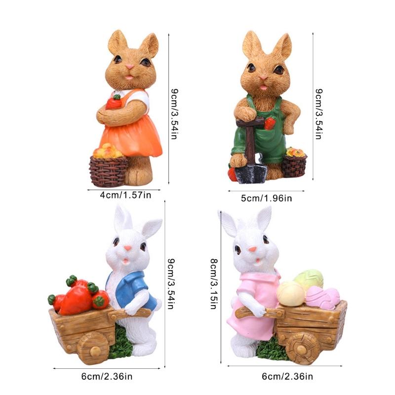 2Pcs Easters Bunnies Sculptures Resins Animal Ornaments Rabbit with Cart Figurines for Balconies Patios or Home Decors