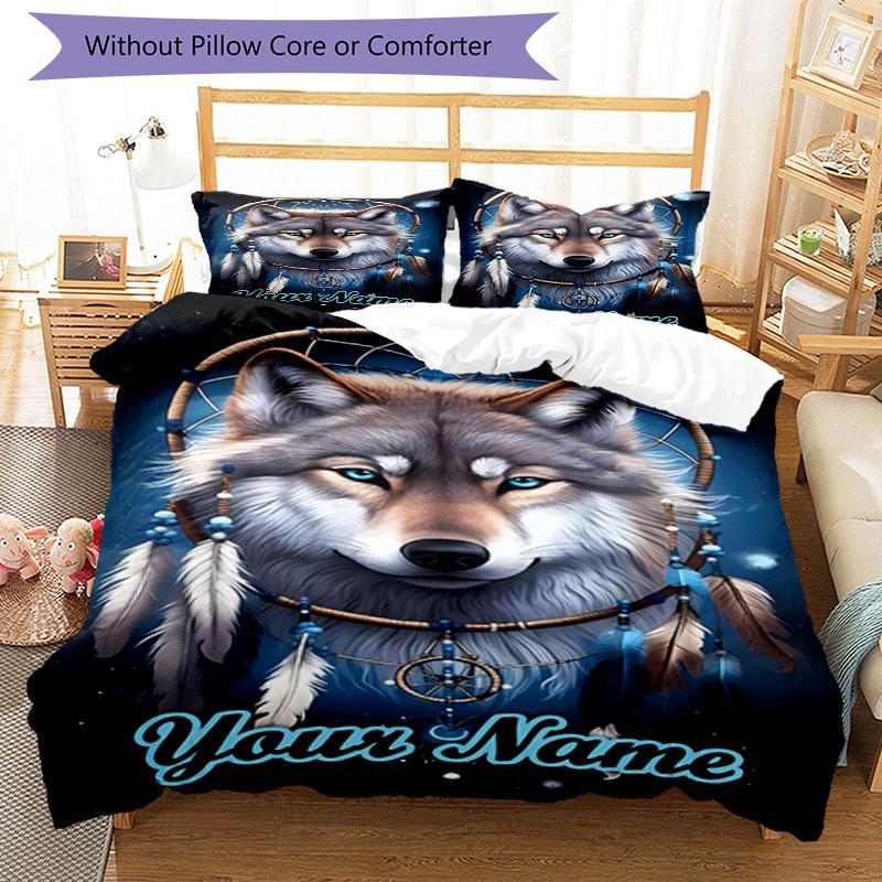 3PC Custom Name Wolf Dreamcatcher Spirit Bedding Set Duvet Cover Closure Includes 1 Duvet Cover & 2 Pillowcases for Bedroom