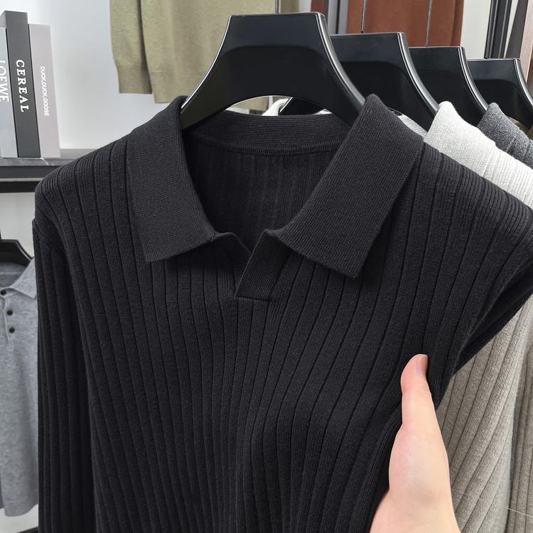 Męski sweter dzianinowy z długim rękawem, gładki, 2025: Wysokiej klasy koszulka polo business casual na wiosnę i jesień