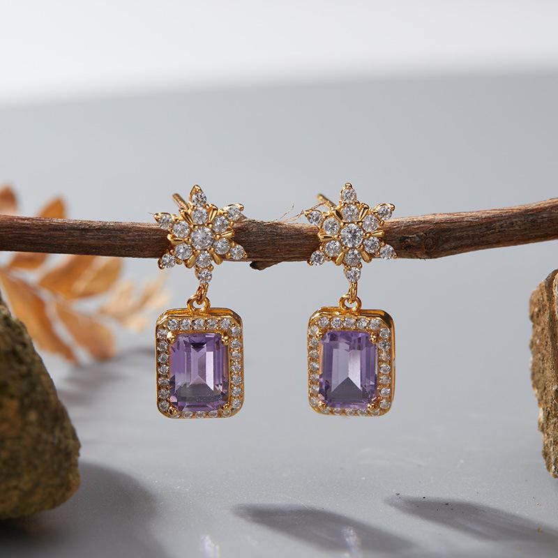 Niche High-End Sense S925 Sterling Silver Natural Colored Treasure Sugar Snowflake Earrings Light Luxury Non-Fading Jewelry Elegant Design