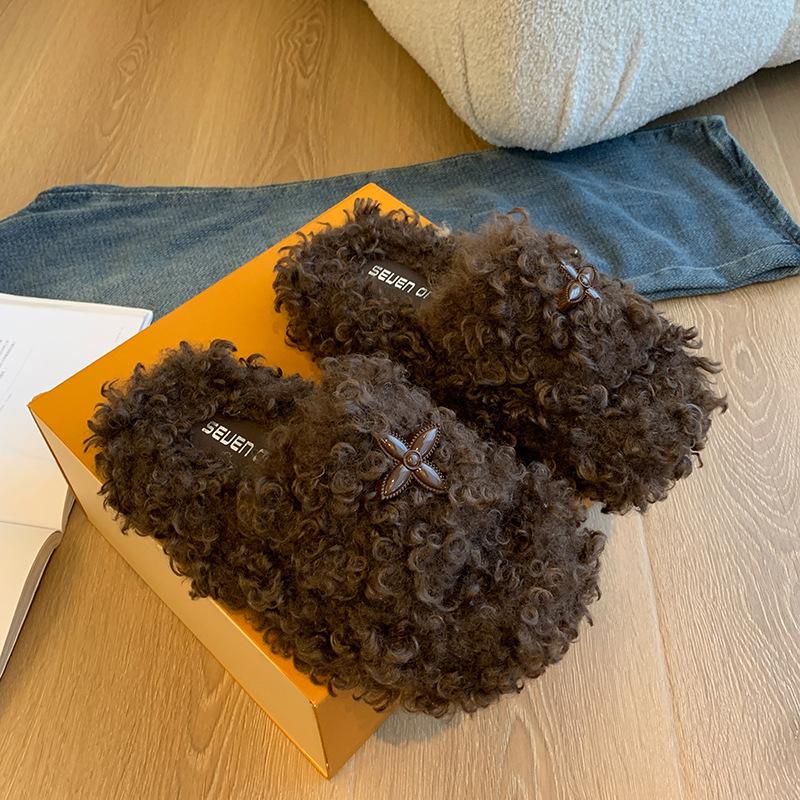 

Thick-bottomed cross flower Mao Mao slippers female Korean version 2025 autumn and winter new fashion open-toed Mao Mao flat-bottomed Mao slippers 40