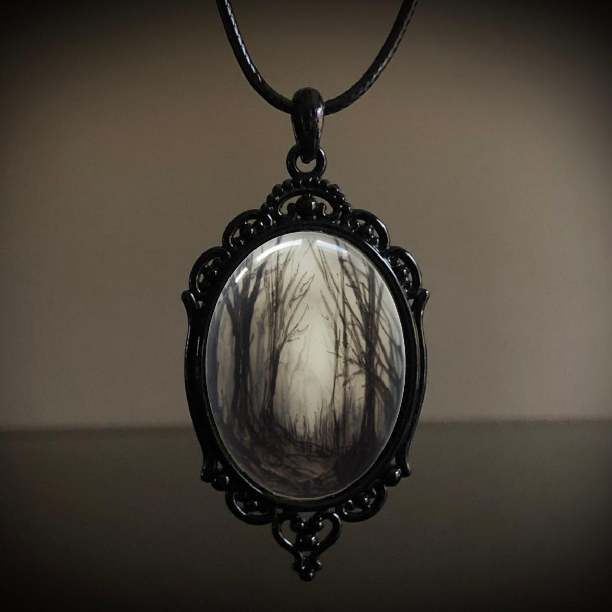 Gothic Dark Geometric Oval Crow Forest Death Bat Pendant Black Leather Rope Necklace for Women Hallowmas Charm Jewelry Gifts