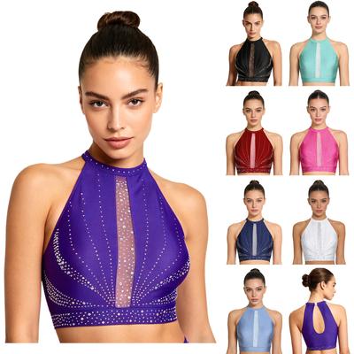 Womens Lyrical Dance Crop Top Glittery Rhinestones Sleeveless Back Hollow Out Tank Top Belly Dance Costume