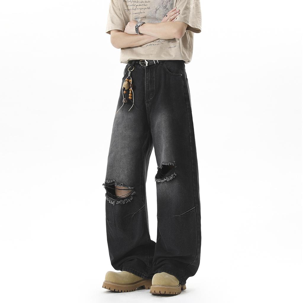 American retro men's and women's ripped jeans niche design sense deconstruction washed straight pants ruffian handsome vibe mopping pants
