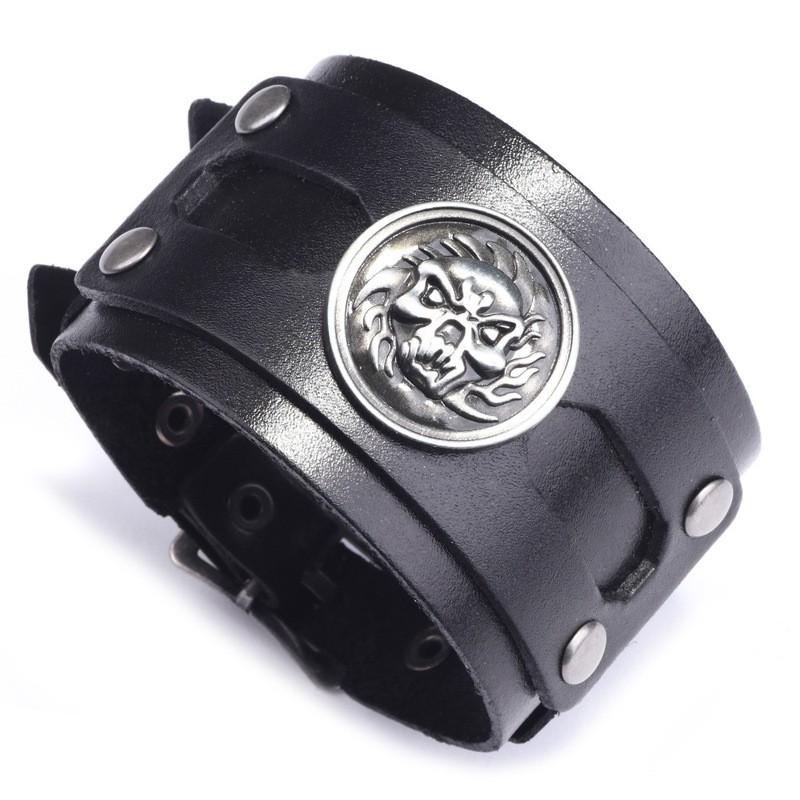 Mens Alloy Leather Bracelet With Animal Motif Vintage Wide Cuff Stylish Casual Accessory Daily Wear Black
