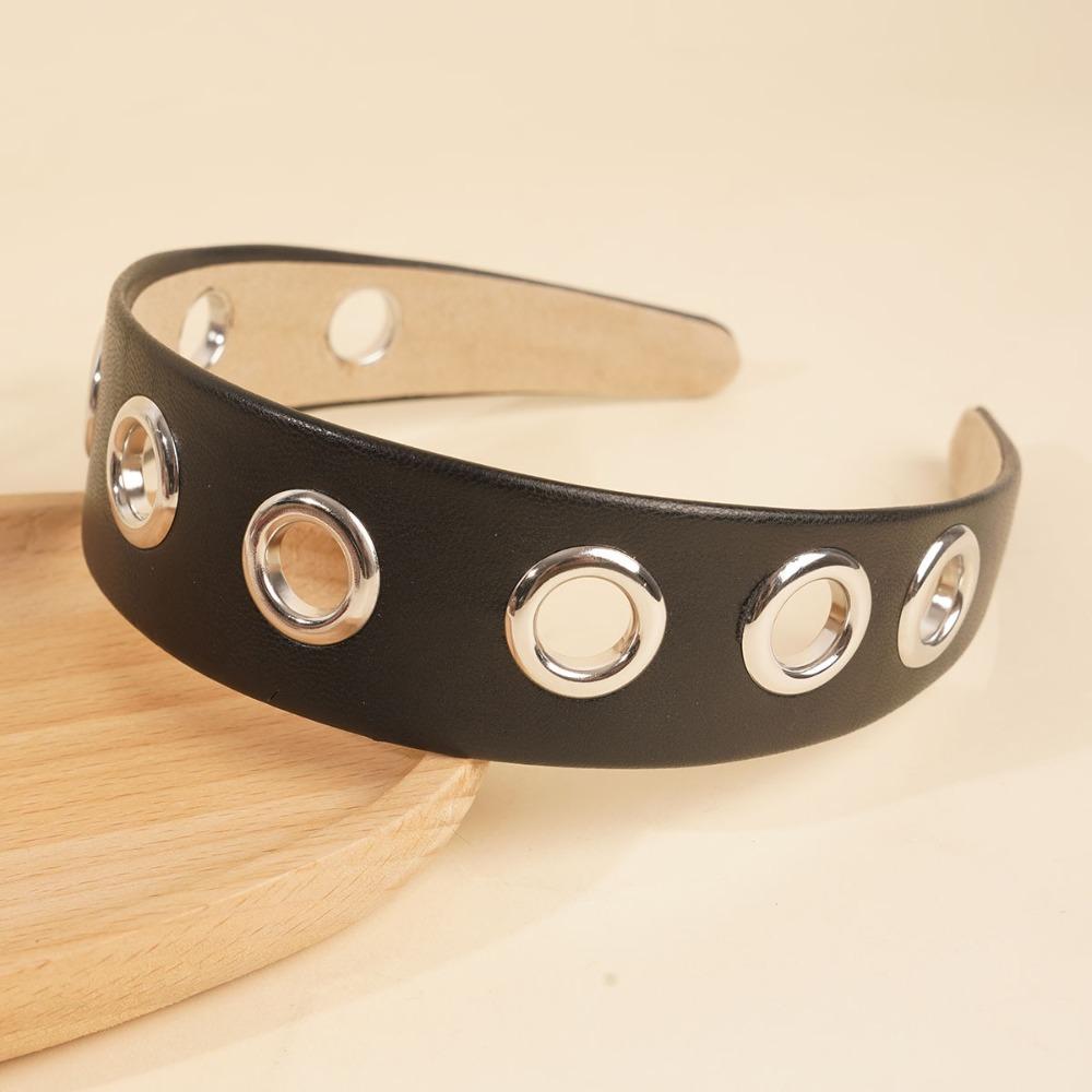 Solid Color Hollow Metal Headband Grommet Pu Leather Hair Band  Punk Girl чёрный