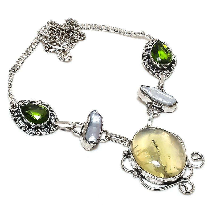 Prehnite, Peridot Gemstone 925 Sterling Silver Jewelry Necklace 18"