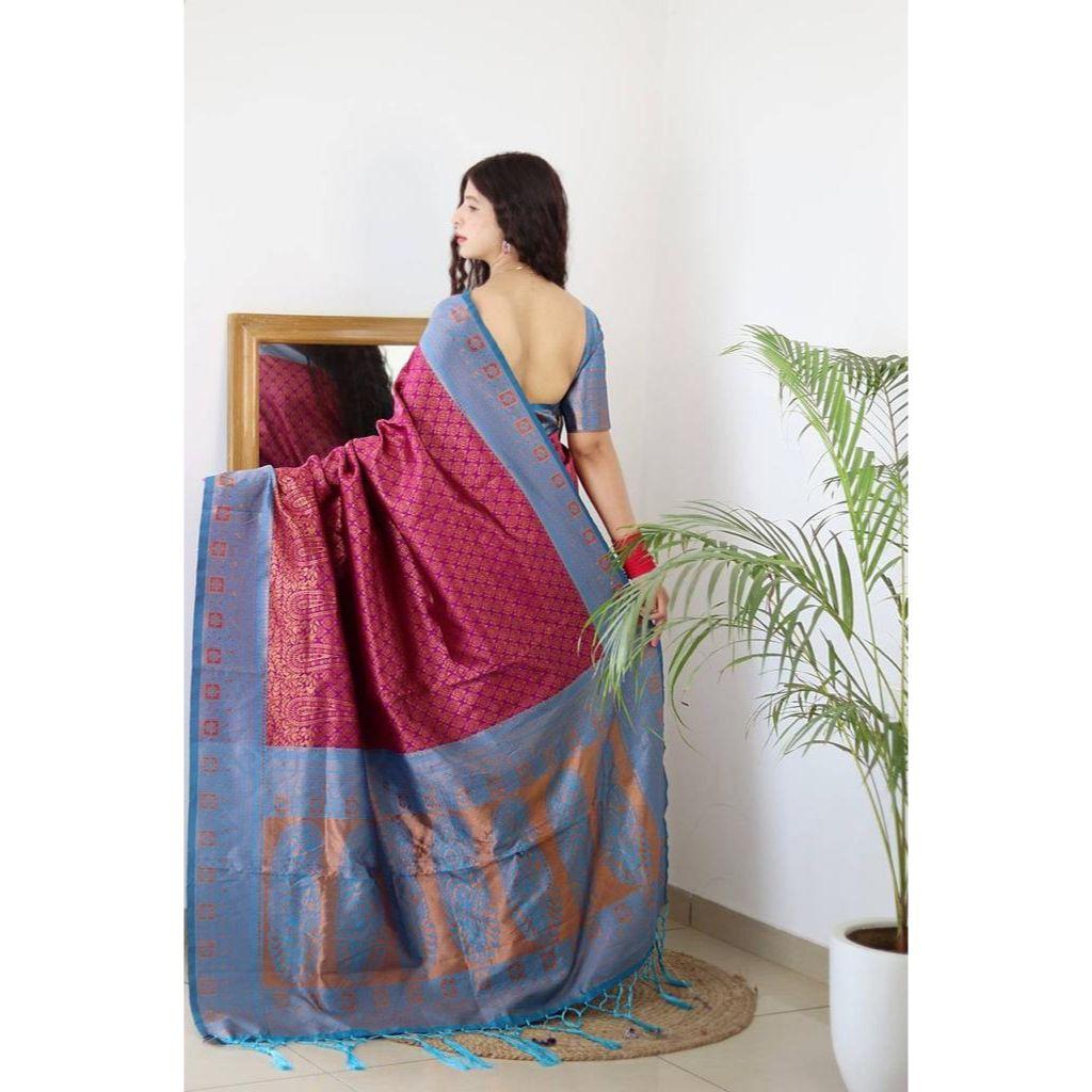 Silk Saree from the ALMAARI Store Is Adorned with Beautiful Sari Work In Form of Traditional Motifs
