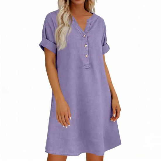 Soft Blended Fabric Dress Summer Short Sleeve for Women, Casual Button Up V Holiday Neck A-line Dress, Flowy Beach Vacation Sundress with Pockets