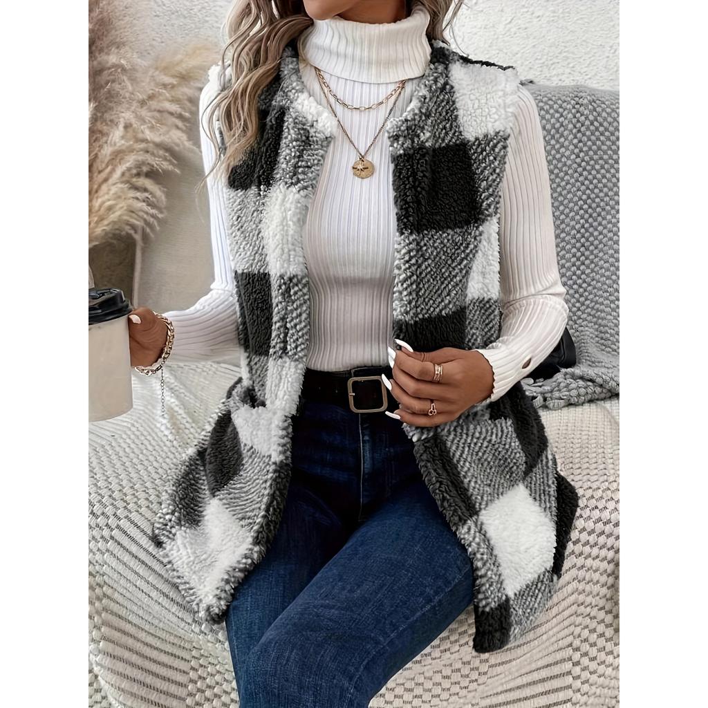 Kostkovaná teddy vesta s otevřeným předním dílem, ležérní zimní vesta bez rukávů s kapsou, dámské oblečení