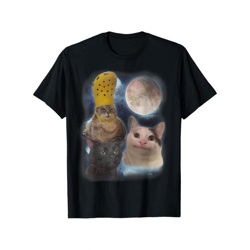 1pc Men'S & Women'S Funny Cat & Moon Print T-Shirt - Relaxed Fit Short Sleeve Crew Neck Tee with Tabby, Tuxedo & Persian Cat Design, S-XXXL Sizes,