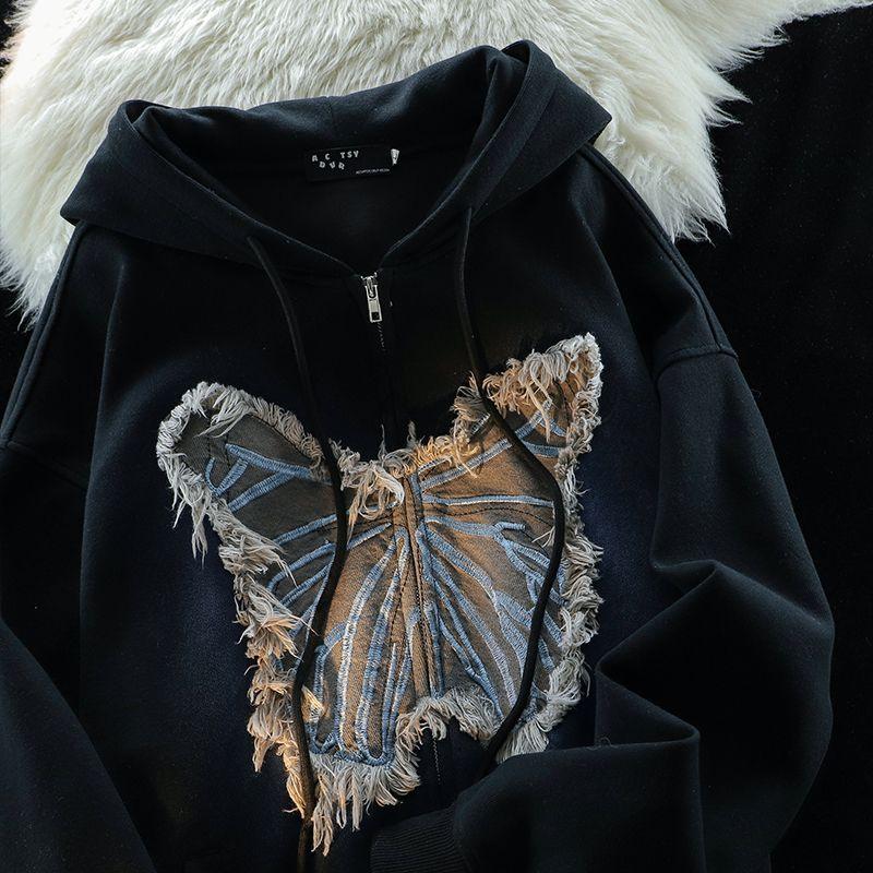 

Весенне-осенняя женская мода кардиган с капюшоном и нашивкой «бабочка» S чёрный