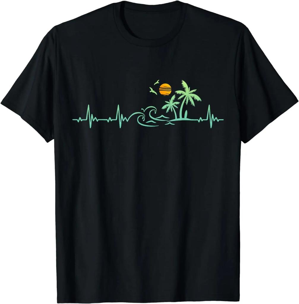 Heartbeat Palm Tree Retro Tropical Beach Island Trees Funny T-Shirt Graphic T Shirts Women Clothes Tops Ropa Mujer